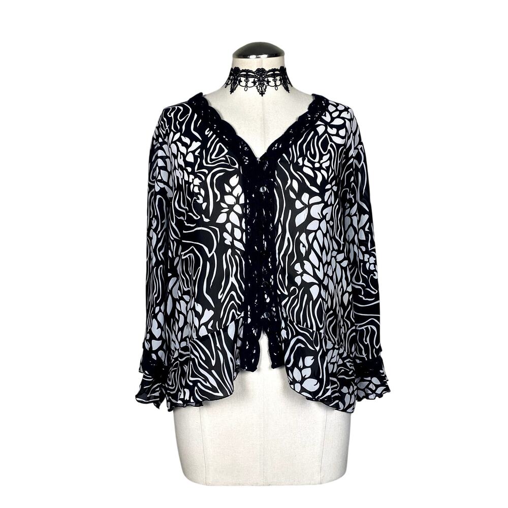 Y2K Dressbarn Patterned Sheer Flowy Whimsigoth Boho Funky Button Down Blouse L